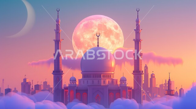 مجسم ثلاثي الابعاد لمسجد على الطراز الاسلامي ، دعوة المسلمين لأداء الفرائض الدينية والصلاة ، العبادة والتقرب إلى الله، فن الهندسة المعمارية لبناء المساجد في المملكة العربية السعودية، خلفية السماء مع البدر المضيء، ديكورات وتصاميم خارجية حديثة