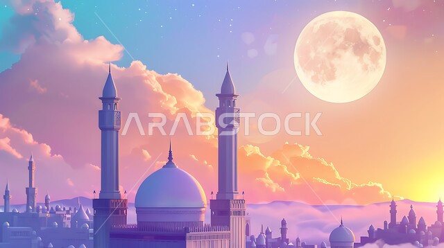 مجسم ثلاثي الابعاد لمسجد على الطراز الاسلامي ، دعوة المسلمين لأداء الفرائض الدينية والصلاة ، العبادة والتقرب إلى الله، فن الهندسة المعمارية لبناء المساجد في المملكة العربية السعودية، خلفية السماء مع البدر المضيء، ديكورات وتصاميم خارجية حديثة