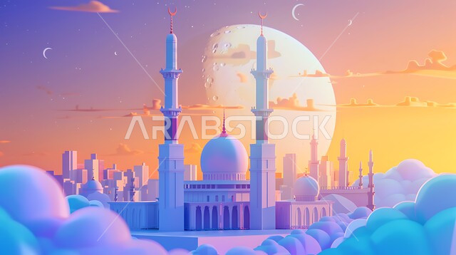 مجسم ثلاثي الابعاد لمسجد على الطراز الاسلامي ، دعوة المسلمين لأداء الفرائض الدينية والصلاة ، العبادة والتقرب إلى الله، فن الهندسة المعمارية لبناء المساجد في المملكة العربية السعودية، خلفية السماء مع البدر المضيء، ديكورات وتصاميم خارجية حديثة