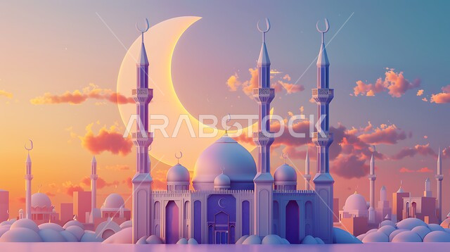 خلفية السماء مع الهلال المضيء والسحب البيضاء ، مجسم ثلاثي الابعاد لمسجد على الطراز الاسلامي ، دعوة المسلمين لأداء الفرائض الدينية والصلاة ، العبادة والتقرب إلى الله، فن الهندسة المعمارية لبناء المساجد في المملكة العربية السعودية ، ديكورات وتصاميم خارجية حديثة