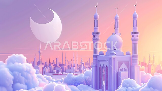 Sky background with the luminous crescent and white clouds, a three-dimensional model of an Islamic-style mosque, inviting Muslims to perform religious duties and pray, worship and get closer to God, the art of architecture for building mosques in the Kingdom of Saudi Arabia, modern exterior decorations and designs