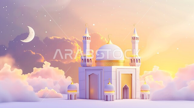 خلفية السماء مع الهلال المضيء والسحب البيضاء ، مجسم ثلاثي الابعاد لمسجد على الطراز الاسلامي ، دعوة المسلمين لأداء الفرائض الدينية والصلاة ، العبادة والتقرب إلى الله، فن الهندسة المعمارية لبناء المساجد في المملكة العربية السعودية ، ديكورات وتصاميم خارجية حديثة
