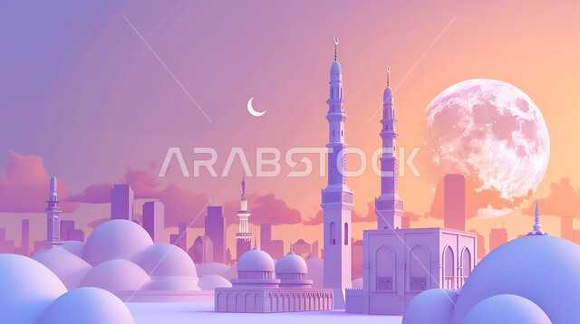 دعوة المسلمين لأداء الفرائض الدينية والصلاة ، العبادة والتقرب إلى الله، فن الهندسة المعمارية لبناء المساجد في المملكة العربية السعودية ، ديكورات وتصاميم خارجية حديثة ، خلفية السماء مع البدر المضيء  ، مجسم ثلاثي الابعاد لمسجد على الطراز الاسلامي 