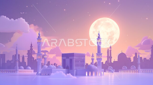 دعوة المسلمين لأداء الفرائض الدينية والصلاة ، العبادة والتقرب إلى الله، فن الهندسة المعمارية لبناء المساجد في المملكة العربية السعودية ، ديكورات وتصاميم خارجية حديثة ، خلفية السماء مع البدر المضيء  ، مجسم ثلاثي الابعاد لمسجد على الطراز الاسلامي 