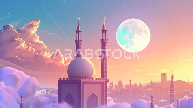  فن الهندسة المعمارية لبناء المساجد في المملكة العربية السعودية ، دعوة المسلمين لأداء الفرائض الدينية والصلاة ، العبادة والتقرب إلى الله ، ديكورات وتصاميم خارجية حديثة ، خلفية السماء مع البدر المضيء  ، مجسم ثلاثي الابعاد لمسجد على الطراز الاسلامي