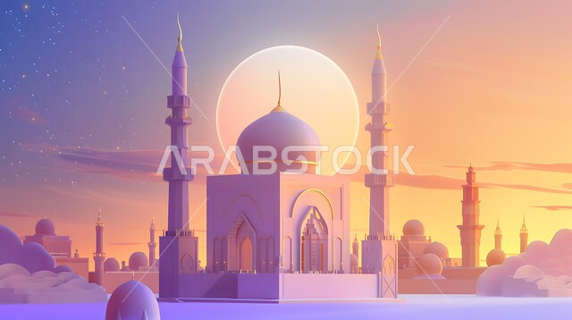  فن الهندسة المعمارية لبناء المساجد في المملكة العربية السعودية ، دعوة المسلمين لأداء الفرائض الدينية والصلاة ، العبادة والتقرب إلى الله ، ديكورات وتصاميم خارجية حديثة ، خلفية السماء مع البدر المضيء  ، مجسم ثلاثي الابعاد لمسجد على الطراز الاسلامي