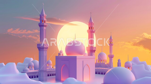 The art of architecture for building mosques in the Kingdom of Saudi Arabia, inviting Muslims to perform religious duties and prayer, worship and drawing closer to God, modern exterior decorations and designs, the background of the sky with the illuminated full moon, a three-dimensional model of an Islamic-style mosque