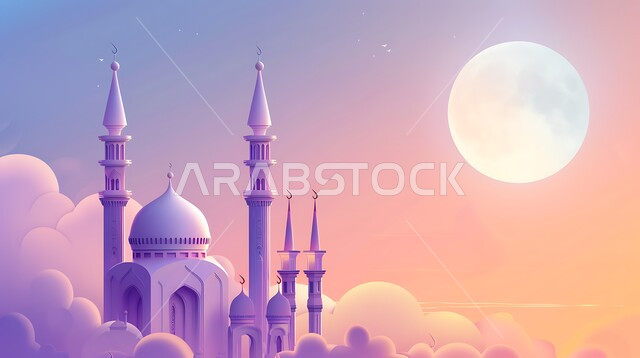 The art of architecture for building mosques in the Kingdom of Saudi Arabia, inviting Muslims to perform religious duties and prayer, worship and drawing closer to God, modern exterior decorations and designs, the background of the sky with the illuminated full moon, a three-dimensional model of an Islamic-style mosque