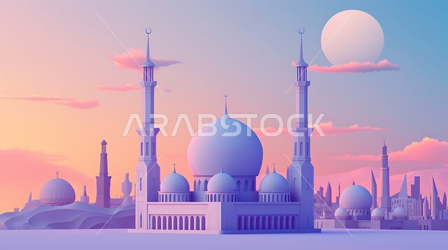 The art of architecture for building mosques in the Kingdom of Saudi Arabia, inviting Muslims to perform religious duties and prayer, worship and drawing closer to God, modern exterior decorations and designs, the background of the sky with the illuminated full moon, a three-dimensional model of an Islamic-style mosque