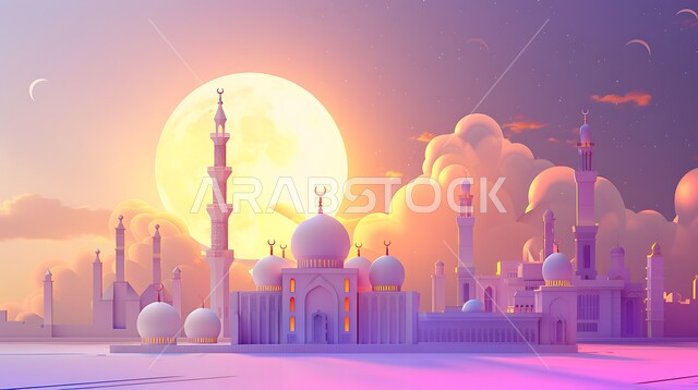 مجسم ثلاثي الابعاد لمسجد على الطراز الاسلامي ، دعوة المسلمين لأداء الفرائض الدينية والصلاة ، العبادة والتقرب إلى الله، فن الهندسة المعمارية لبناء المساجد في المملكة العربية السعودية، خلفية السماء مع البدر المضيء، ديكورات وتصاميم خارجية حديثة