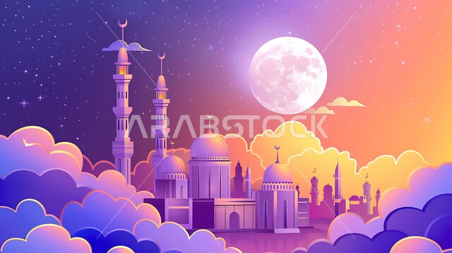 الفنون الهندسة المعمارية لبناء المساجد في المملكة العربية السعودية ، دعوة المسلمين لأداء الفرائض الدينية والصلاة ، العبادة والتقرب إلى الله ، ديكورات وتصاميم خارجية حديثة ، خلفية السماء مع البدر المضيء  ، مجسم ثلاثي الابعاد لمسجد على الطراز الاسلامي