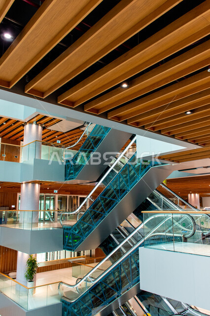  السلالم الكهربائية في مكتبة محمد بن راشد الثرية بالمجلاات والمعاجم في امارة دبي، المكتبات العلمية في الامارات العربية المتحدة، الديكورات والتصاميم الداخلية الفاخرة، مكان للقراء ومحبي العلم والمعرفة، تأمين وسائل الراحة للقراء، اكتساب المعرفة وتنمية الذخيرة اللغوية