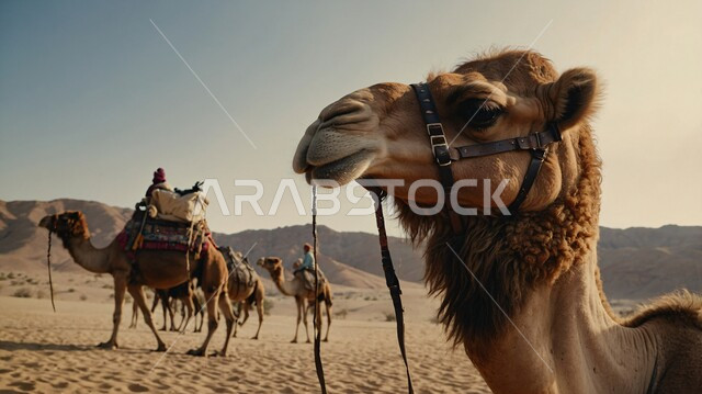 تربية الجمال والابل في المحميات الطبيعية في المملكة العربية السعودية ، جمال عربية أصيلة تسير وسط الصحراء في النهار، التلال و الكثبان الرملية، الرمال الذهبية الناعمة، الاهتمام ورعاية المواشي والثديات في الصحاري