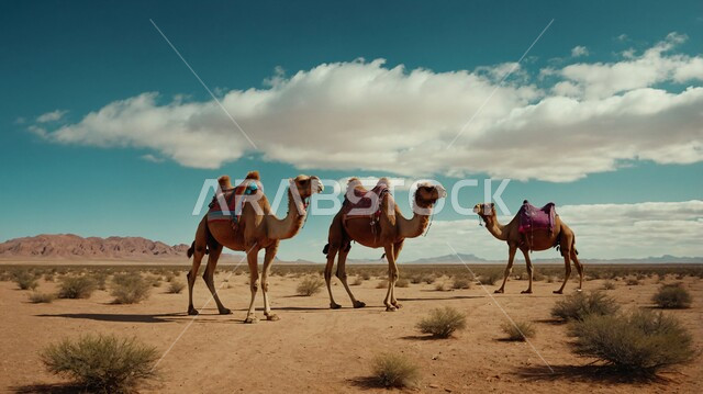 Three camels walk across the desert under a blue sky with puffy clouds.