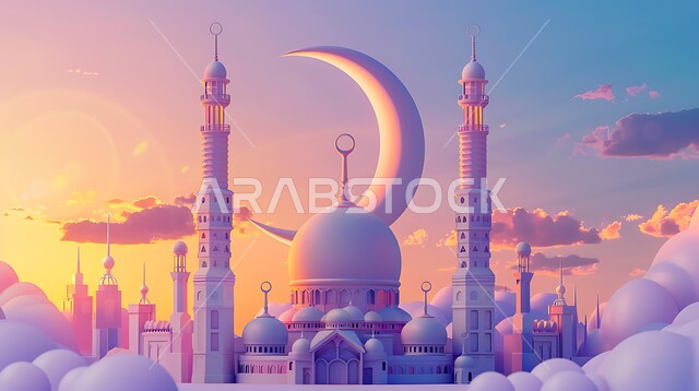 دعوة المسلمين لأداء الفرائض الدينية والصلاة ، العبادة والتقرب إلى الله، ديكورات وتصاميم خارجية حديثة، الفن الهندسي المعماريي لبناء المساجد في المملكة العربية السعودية، مجسم ثلاثي الابعاد لمسجد على الطراز الاسلامي ، خلفية السماء مع الهلال