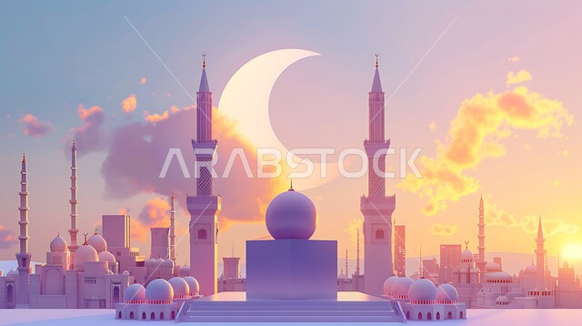 دعوة المسلمين لأداء الفرائض الدينية والصلاة ، العبادة والتقرب إلى الله، ديكورات وتصاميم خارجية حديثة، الفن الهندسي المعماريي لبناء المساجد في المملكة العربية السعودية، مجسم ثلاثي الابعاد لمسجد على الطراز الاسلامي ، خلفية السماء مع الهلال المضيء