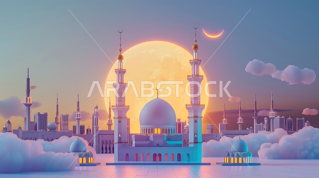 دعوة المسلمين لأداء الفرائض الدينية والصلاة ، العبادة والتقرب إلى الله، ديكورات وتصاميم خارجية حديثة، الفن الهندسي المعماري لبناء المساجد في المملكة العربية السعودية، مجسم ثلاثي الابعاد لمسجد على الطراز الاسلامي ، خلفية السماء مع البدر المضيء