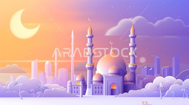 ديكورات وتصاميم خارجية حديثة، الفن الهندس المعماري لبناء المساجد في المملكة العربية السعودية، مجسم ثلاثي الابعاد لمسجد على الطراز الاسلامي ، دعوة المسلمين لأداء الفرائض الدينية والصلاة ، العبادة والتقرب إلى الله، خلفية السماء مع الهلال المضيء