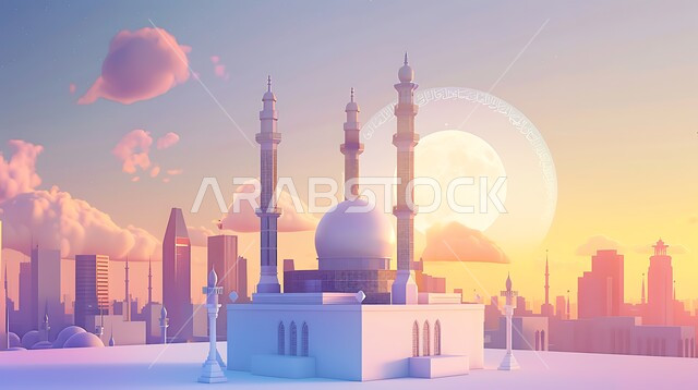 Modern decorations and designs, the art of architecture building mosques in the Kingdom of Saudi Arabia, models of the external dimensions of a mosque based on Islamic skills, an invitation to participate in religious duties and prayer, companions and closeness to God, the background of the sky with sunset