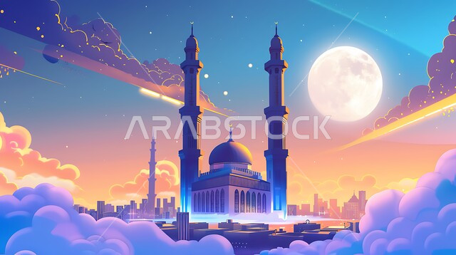 ديكورات وتصاميم خارجية حديثة، الفن الهندس المعماري لبناء المساجد في المملكة العربية السعودية، مجسم ثلاثي الابعاد لمسجد على الطراز الاسلامي ، دعوة المسلمين لأداء الفرائض الدينية والصلاة ، العبادة والتقرب إلى الله، خلفية السماء مع البدر المضيء