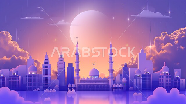 الفن الهندسي المعماري لبناء المساجد في المملكة العربية السعودية، مجسم ثلاثي الابعاد لمسجد على الطراز الاسلامي ، دعوة المسلمين لأداء الفرائض الدينية والصلاة ، العبادة والتقرب إلى الله، خلفية السماء مع البدر المضيء، ديكورات وتصاميم خارجية حديثة