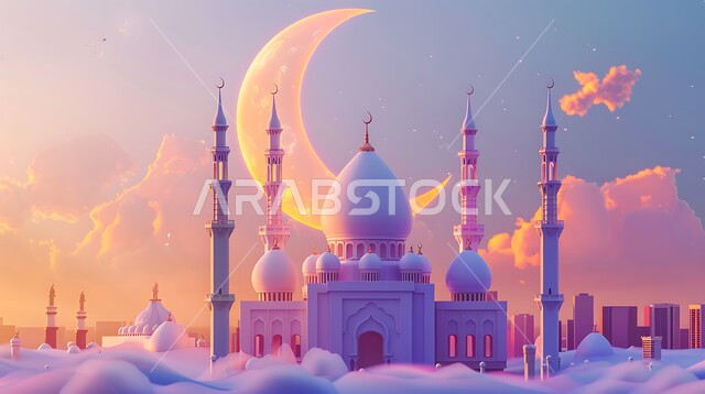 الفن الهندس المعماري لبناء المساجد في المملكة العربية السعودية، مجسم ثلاثي الابعاد لمسجد على الطراز الاسلامي ، دعوة المسلمين لأداء الفرائض الدينية والصلاة ، العبادة والتقرب إلى الله، خلفية السماء مع الهلال المضيء، ديكورات وتصاميم خارجية حديثة