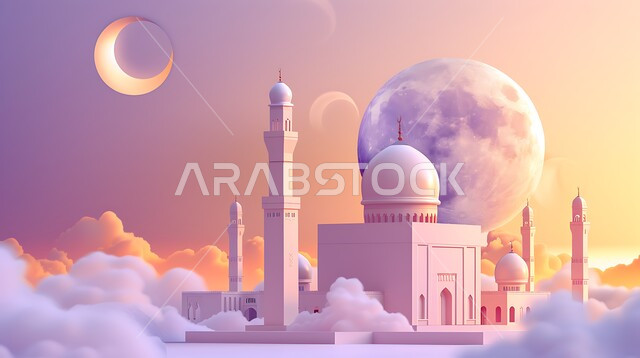 الفن الهندس المعماري لبناء المساجد في المملكة العربية السعودية، مجسم ثلاثي الابعاد لمسجد على الطراز الاسلامي ، دعوة المسلمين لأداء الفرائض الدينية والصلاة ، العبادة والتقرب إلى الله، خلفية السماء مع الهلال المضيء، ديكورات وتصاميم خارجية حديثة