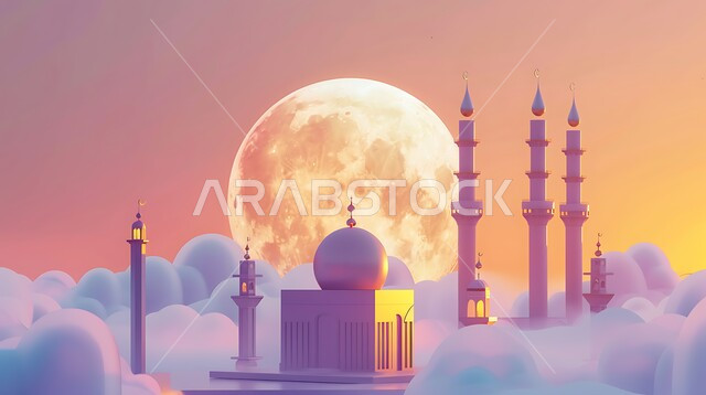 الفن الهندسي المعماري لبناء المساجد في المملكة العربية السعودية، مجسم ثلاثي الابعاد لمسجد على الطراز الاسلامي ، دعوة المسلمين لأداء الفرائض الدينية والصلاة ، العبادة والتقرب إلى الله، خلفية السماء مع البدر المضيء، ديكورات وتصاميم خارجية حديثة