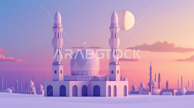 الفن الهندسي المعماري لبناء المساجد في المملكة العربية السعودية، مجسم ثلاثي الابعاد لمسجد على الطراز الاسلامي ، دعوة المسلمين لأداء الفرائض الدينية والصلاة ، العبادة والتقرب إلى الله، خلفية السماء مع البدر المضيء، ديكورات وتصاميم خارجية حديثة