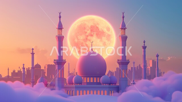 مجسم ثلاثي الابعاد لمسجد على الطراز الاسلامي ، دعوة المسلمين لأداء الفرائض الدينية والصلاة ، العبادة والتقرب إلى الله، الفن الهندسي المعماري لبناء المساجد في المملكة العربية السعودية، خلفية السماء مع البدر المضيء، ديكورات وتصاميم خارجية حديثة