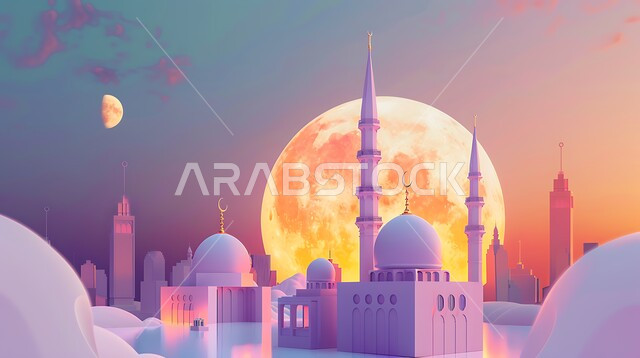 مجسم ثلاثي الابعاد لمسجد على الطراز الاسلامي ، دعوة المسلمين لأداء الفرائض الدينية والصلاة ، العبادة والتقرب إلى الله، الفن الهندسي المعماري لبناء المساجد في المملكة العربية السعودية، خلفية السماء مع البدر المضيء، ديكورات وتصاميم خارجية حديثة