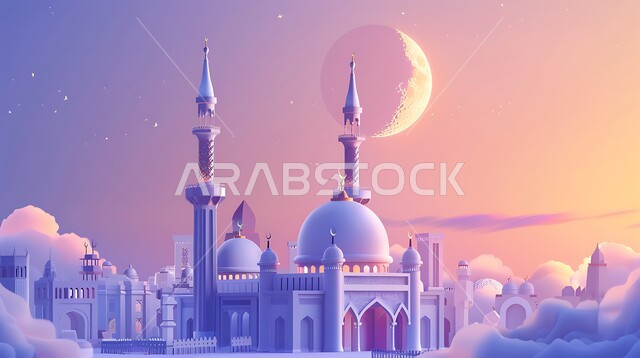 مجسم ثلاثي الابعاد لمسجد على الطراز الاسلامي ، دعوة المسلمين لأداء الفرائض الدينية والصلاة ، العبادة والتقرب إلى الله، الفن الهندسي المعماري لبناء المساجد في المملكة العربية السعودية، خلفية السماء مع الهلال المضيء، ديكورات وتصاميم خارجية حديثة