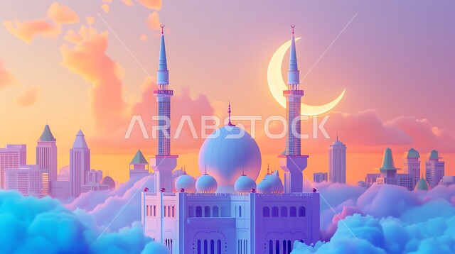 مجسم ثلاثي الابعاد لمسجد على الطراز الاسلامي ، دعوة المسلمين لأداء الفرائض الدينية والصلاة ، العبادة والتقرب إلى الله، الفن الهندسي المعماري لبناء المساجد في المملكة العربية السعودية، خلفية السماء مع الهلال المضيء، ديكورات وتصاميم خارجية حديثة