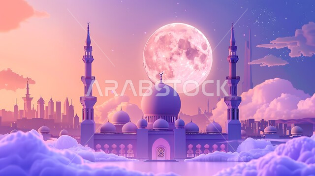 الفن الهندسي المعماري لبناء المساجد في المملكة العربية السعودية، مجسم ثلاثي الابعاد لمسجد على الطراز الاسلامي ، دعوة المسلمين لأداء الفرائض الدينية والصلاة ، العبادة والتقرب إلى الله، خلفية السماء مع البدر، ديكورات وتصاميم خارجية حديثة