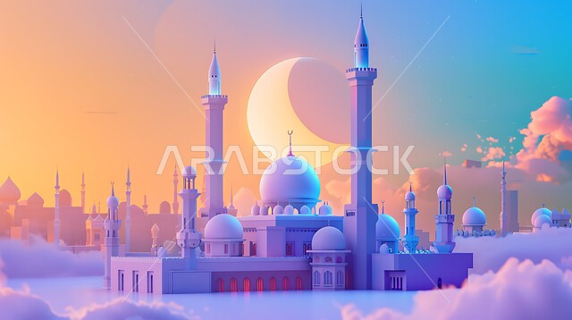 الفن الهندسي المعماري لبناء المساجد في المملكة العربية السعودية، مجسم ثلاثي الابعاد لمسجد على الطراز الاسلامي ، دعوة المسلمين لأداء الفرائض الدينية والصلاة ، العبادة والتقرب إلى الله، خلفية السماء مع الهلال المضيء، ديكورات وتصاميم خارجية حديثة