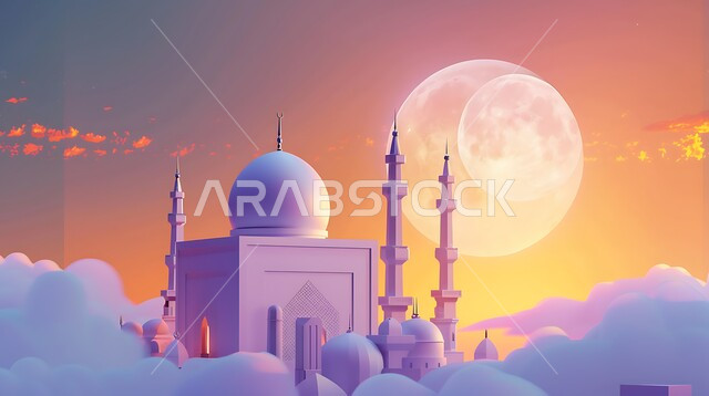 القبب والمآذن الشامخة، أداء الفرائض والصلوات والتقرب إلى الله، العبادة والتقرب إلى الله، ديكورات وتصاميم خارجية حديثة، الفن الهندسي المعماري لبناء المساجد في المملكة العربية السعودية، مجسم ثلاثي الابعاد لمسجد على الطراز الاسلامي ، خلفية السماء مع البدر المضيء