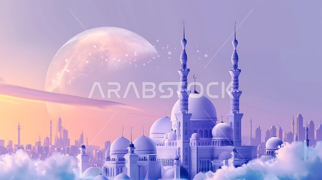 القبب والمآذن الشامخة، أداء الفرائض والصلوات والتقرب إلى الله، العبادة والتقرب إلى الله، ديكورات وتصاميم خارجية حديثة، الفن الهندسي المعماري لبناء المساجد في المملكة العربية السعودية، مجسم ثلاثي الابعاد لمسجد على الطراز الاسلامي ، خلفية السماء مع البدر