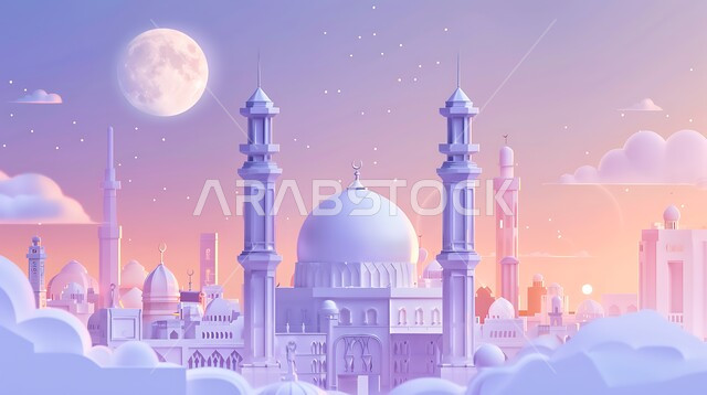 القبب والمآذن الشامخة، أداء الفرائض والصلوات والتقرب إلى الله، العبادة والتقرب إلى الله، ديكورات وتصاميم خارجية حديثة، الفن الهندسي المعماري لبناء المساجد في المملكة العربية السعودية، مجسم ثلاثي الابعاد لمسجد على الطراز الاسلامي ، خلفية السماء مع البدر