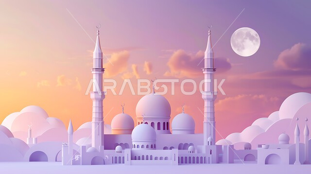 القبب والمآذن الشامخة، أداء الفرائض والصلوات والتقرب إلى الله، العبادة والتقرب إلى الله، ديكورات وتصاميم خارجية حديثة، الفن الهندسي المعماري لبناء المساجد في المملكة العربية السعودية، مجسم ثلاثي الابعاد لمسجد على الطراز الاسلامي ، خلفية السماء مع البدر 