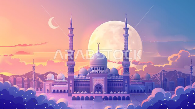 القبب والمآذن الشامخة، أداء الفرائض والصلوات والتقرب إلى الله، العبادة والتقرب إلى الله، ديكورات وتصاميم خارجية حديثة، الفن الهندسي المعماري لبناء المساجد في المملكة العربية السعودية، مجسم ثلاثي الابعاد لمسجد على الطراز الاسلامي ، خلفية السماء مع البدر المضيء