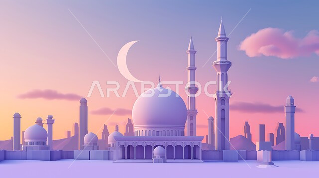 أداء الفرائض والصلوات والتقرب إلى الله، العبادة والتقرب إلى الله، ديكورات وتصاميم خارجية حديثة، الفن الهندسي المعماري لبناء المساجد في المملكة العربية السعودية، مجسم ثلاثي الابعاد لمسجد على الطراز الاسلامي ، خلفية السماء مع الهلال