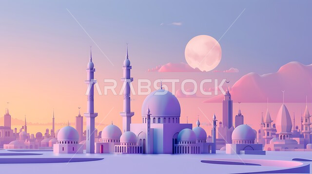 أداء الفرائض والصلوات والتقرب إلى الله، العبادة والتقرب إلى الله، ديكورات وتصاميم خارجية حديثة، الفن الهندسي المعماري لبناء المساجد في المملكة العربية السعودية، مجسم ثلاثي الابعاد لمسجد على الطراز الاسلامي ، خلفية السماء مع البدر 