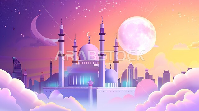 أداء الفرائض والصلوات والتقرب إلى الله، العبادة والتقرب إلى الله، ديكورات وتصاميم خارجية حديثة، الفن الهندسي المعماري لبناء المساجد في المملكة العربية السعودية، مجسم ثلاثي الابعاد لمسجد على الطراز الاسلامي ، خلفية السماء مع البدر 