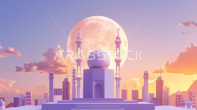 أداء الفرائض والصلوات والتقرب إلى الله، العبادة والتقرب إلى الله، ديكورات وتصاميم خارجية حديثة، الفن الهندسي المعماري لبناء المساجد في المملكة العربية السعودية، مجسم ثلاثي الابعاد لمسجد على الطراز الاسلامي ، خلفية السماء مع البدر المضيء
