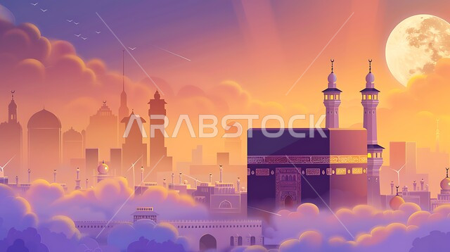 مجسم ثلاثي الابعاد للكعبة المشرفة، قبلة الاسلام والمسلمين، مقاصد دينية مشرفة، مفهوم العبادة و التقرب الى الله تعالى، خلفيات اسلامية ثري دي في مكة المكرمة مع غروب الشمس، اماكن ومعالم دينية اسلامية مقدسة