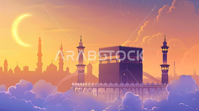 مجسم ثلاثي الابعاد للكعبة المشرفة، قبلة الاسلام والمسلمين، مقاصد دينية مشرفة، مفهوم العبادة و التقرب الى الله تعالى، خلفيات اسلامية ثري دي في مكة المكرمة مع الهلال المضيء، اماكن ومعالم دينية اسلامية مقدسة