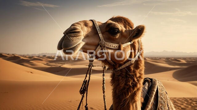 جمل عربي أصيل يسير وسط الصحراء في النهار، تربية الجمال والابل في المحميات الطبيعية في المملكة العربية السعودية ، التلال و الكثبان الرملية، الرمال الذهبية الناعمة، الاهتمام ورعاية المواشي والثدييات في الصحاري