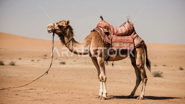 جمل عربي أصيل يسير وسط الصحراء في النهار، تربية الجمال والابل في المحميات الطبيعية في المملكة العربية السعودية ، التلال و الكثبان الرملية، الرمال الذهبية الناعمة، الاهتمام ورعاية المواشي والثدييات في الصحاري