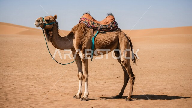 جمل عربي أصيل يسير وسط الصحراء في النهار، تربية الجمال والابل في المحميات الطبيعية في المملكة العربية السعودية ، التلال و الكثبان الرملية، الرمال الذهبية الناعمة، الاهتمام ورعاية المواشي والثديياتت في الصحاري