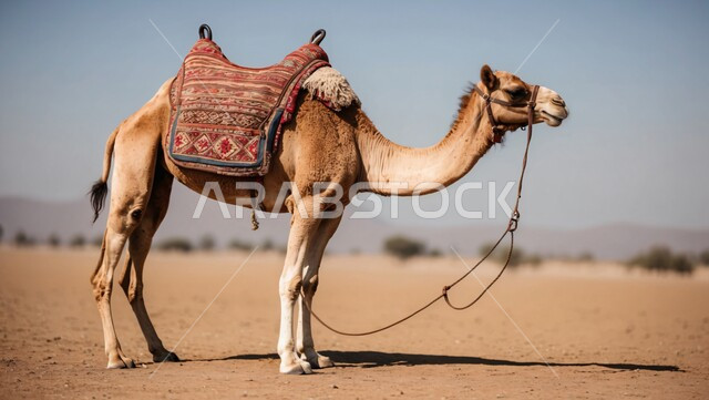 جمل عربي أصيل يسير وسط الصحراء في النهار، تربية الجمال والابل في المحميات الطبيعية في المملكة العربية السعودية ، التلال و الكثبان الرملية، الرمال الذهبية الناعمة، الاهتمام ورعاية المواشي والثدييات في الصحاري